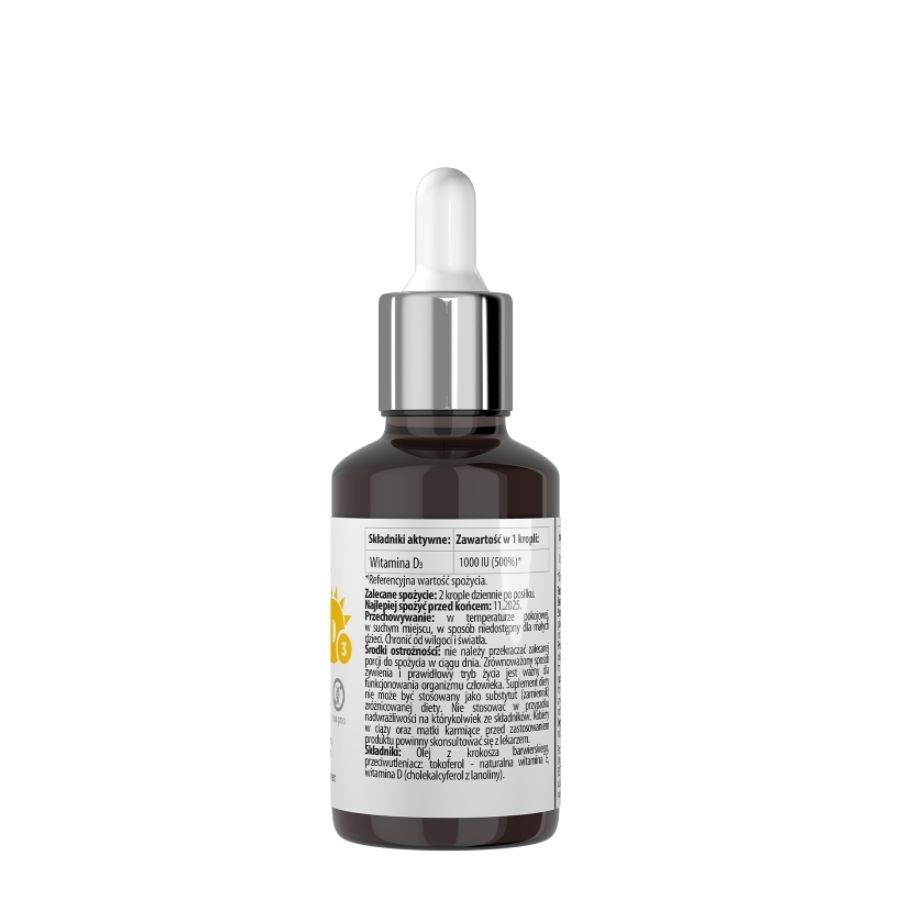 Braune Glasflasche mit Pipette. Aufschrift: Best Vitamin D3. Rückseite mit Inhaltsangaben und Nährwertinformationen.