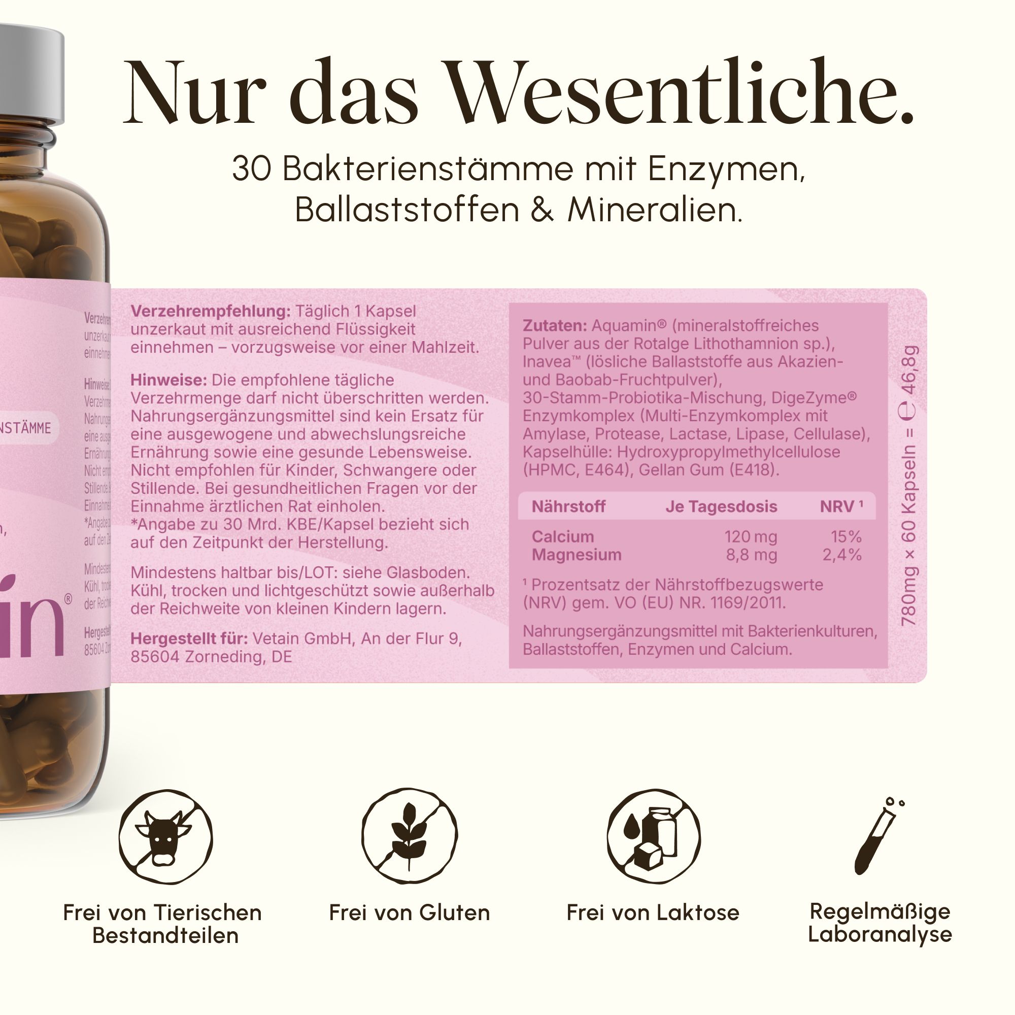 Flasche Vetain GutPro mit detaillierter Nährwertangabe und Hinweisen zur Einnahme auf dem Etikett.