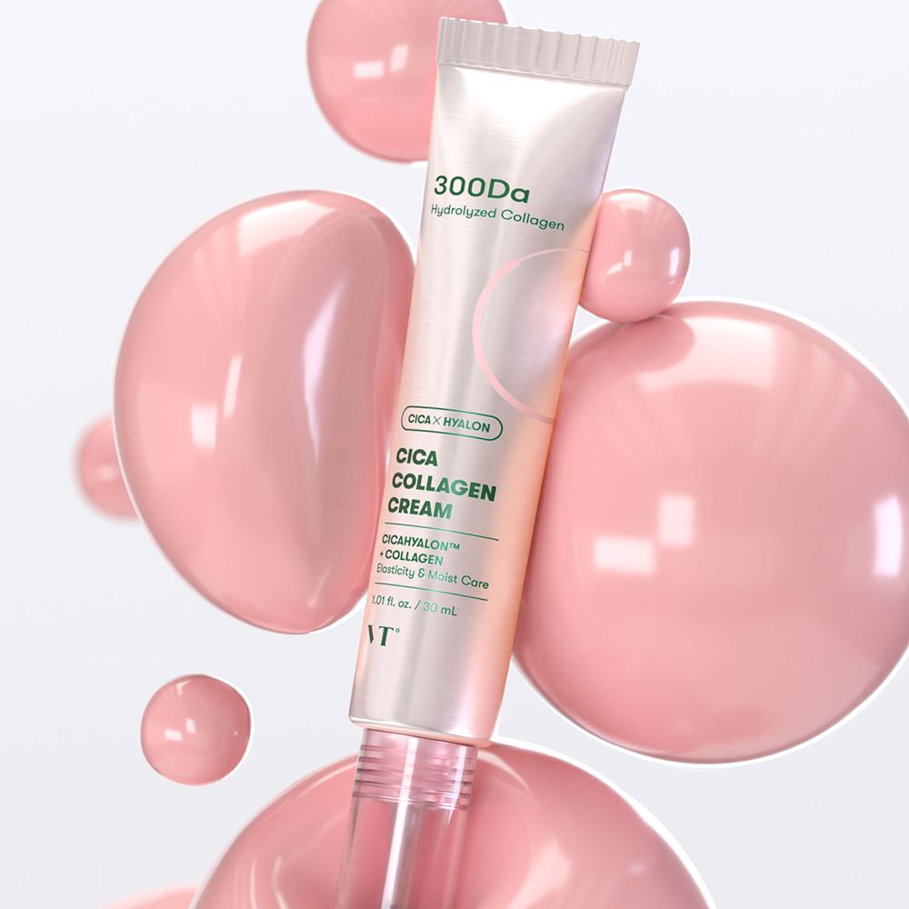 Cica Kollagen Creme Tube. Rosa Tube mit weißer Schrift. 300Da, Cica Hyalon, Kollagen, VT-Logo.