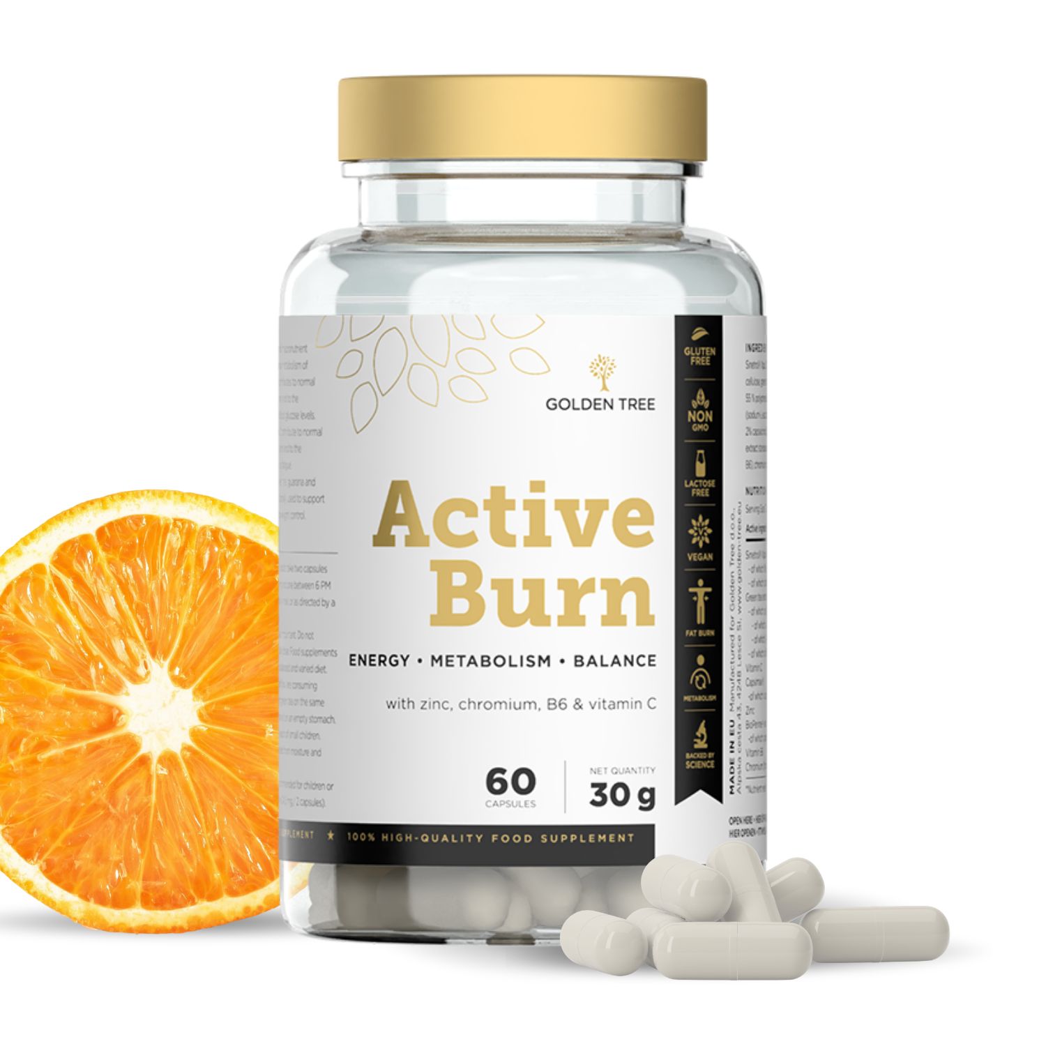 Flasche mit Golden Tree Active Burn Kapseln, daneben eine Orangenscheibe.