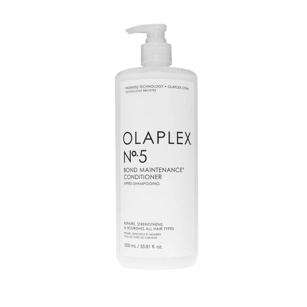 Beige Flasche mit Pumpe. Aufschrift: Olaplex N°5 Bond Maintenance Conditioner. 1000 ml.
