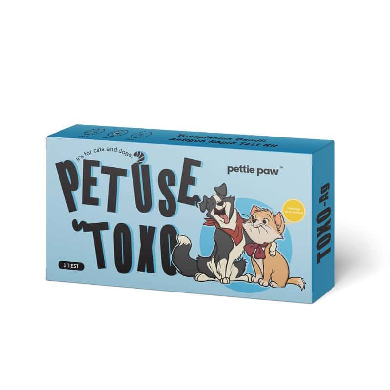 Blau-weiße Schachtel mit dem Aufdruck 'PET USE TOXO' und einer Illustration von Hund und Katze.