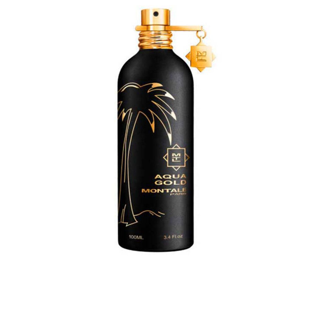 Schwarze Parfümflasche mit goldener Aufschrift. Aufschrift: Montale Aqua Gold Eau de Parfum. Goldener Sprühkopf und Anhänger.