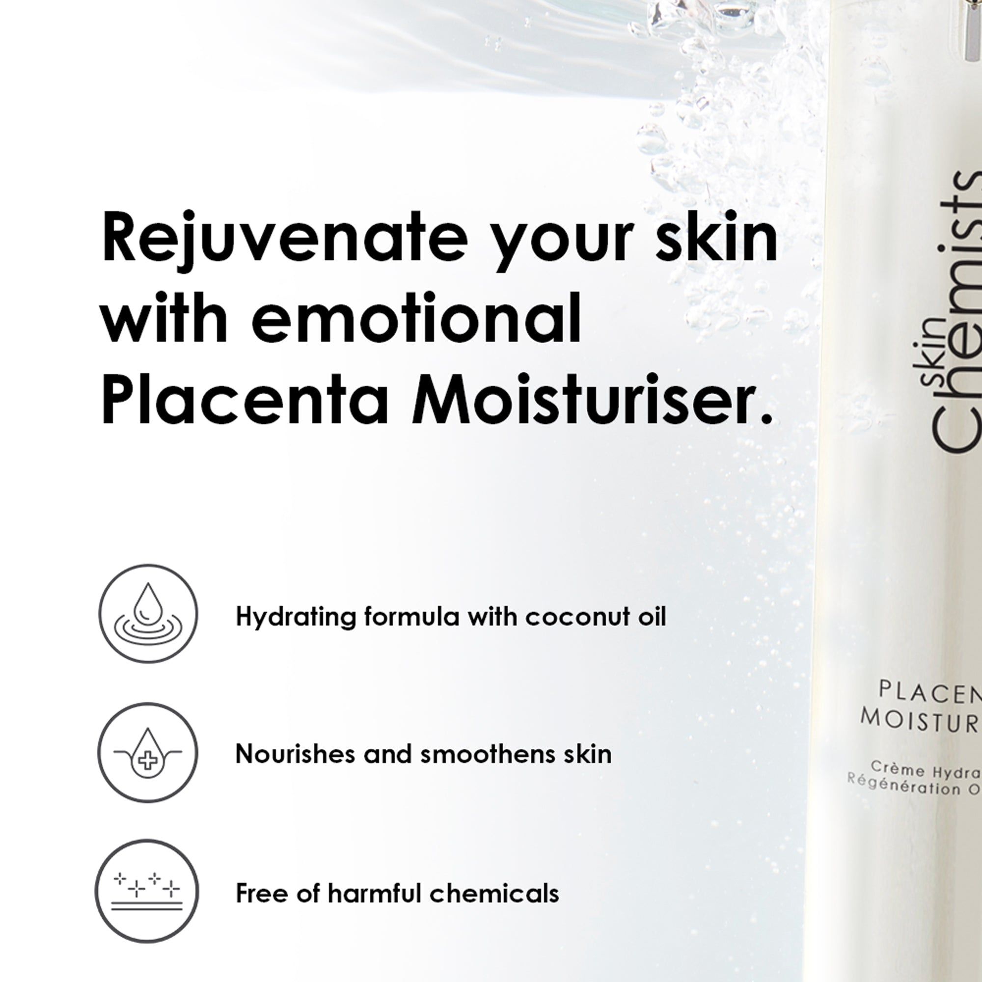 Text mit "Rejuvenate your skin with emotional Placenta Moisturiser." daneben die Flasche. Logo "skinChemists".