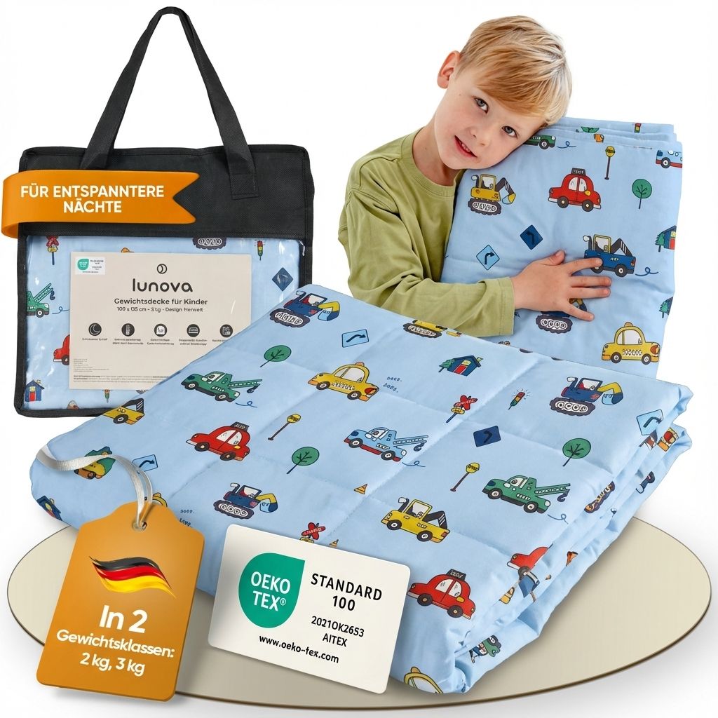 Eine blaue Gewichtsdecke mit Fahrzeugmotiven, eine schwarze Tragetasche und ein Etikett mit "OEKO-TEX STANDARD 100".