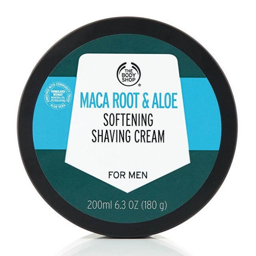 Draufsicht auf einen schwarzen Deckel mit Aufschrift: Maca Root & Aloe, Softening Shaving Cream, For Men. Marke: The Body Shop. 200 ml.