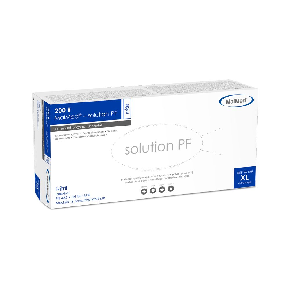 Weiße Schachtel mit blauen Handschuhen. Aufdruck: MaiMed solution PF, 200 Stück, Nitril, Größe XL. Medizin- und Schutzhandschuh.