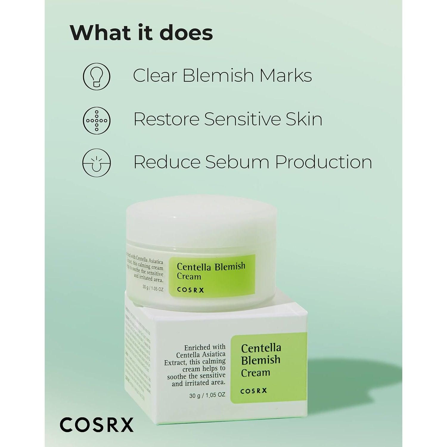 Weißer Tiegel und Schachtel. Text: Centella Blemish Cream, COSRX. Aufschrift: 30 g / 1,05 OZ. Diagramme mit Produktvorteilen.