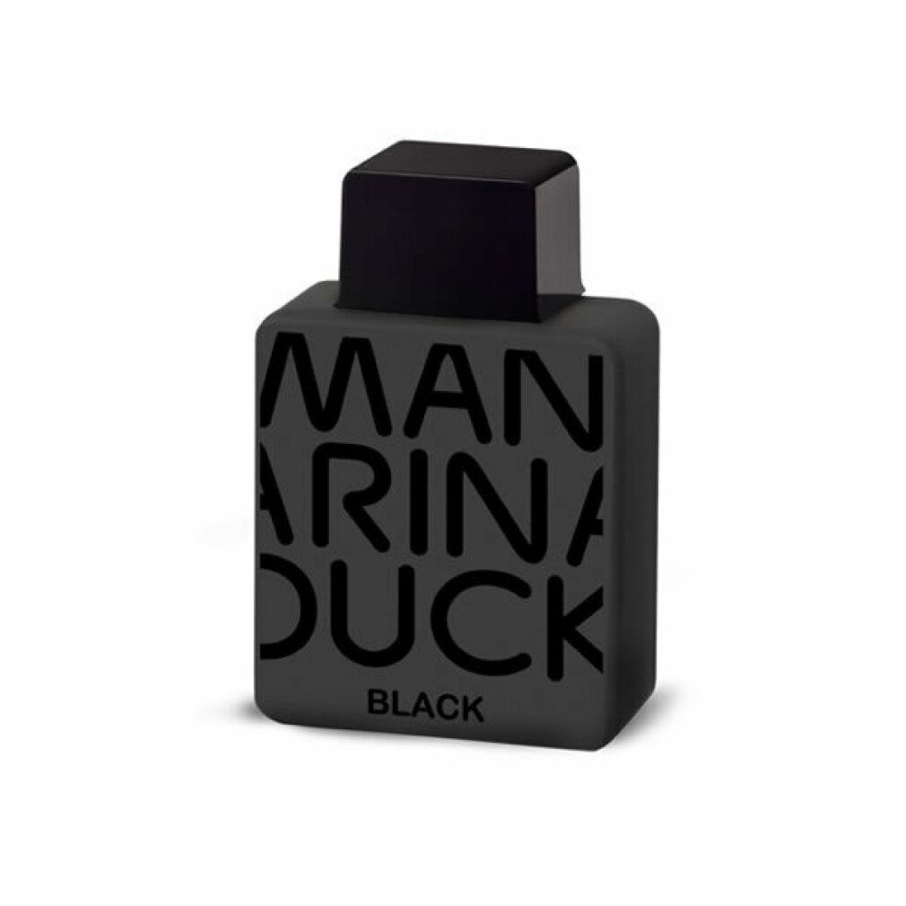 Schwarzer Flakon mit Aufschrift: Mandarina Duck Black. Quadratische Form mit schwarzem Verschluss.