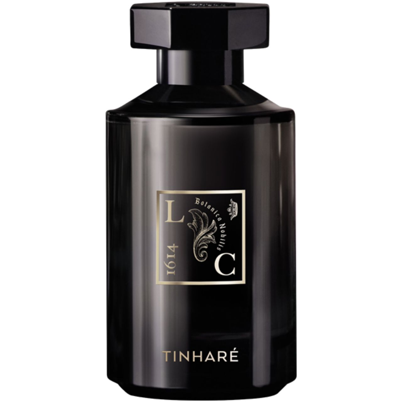 Schwarze Parfumflasche. Aufschrift: Tinhare, Le Couvent des Minimes. Parfum Remarquable.