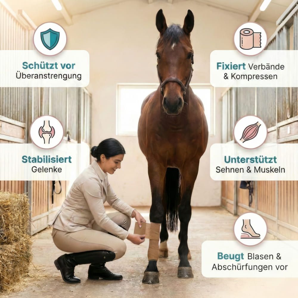Frau legt Pferd Bandage an. Text: Schützt vor Überanstrengung, stabilisiert Gelenke, fixiert Verbände, unterstützt Sehnen & Muskeln.