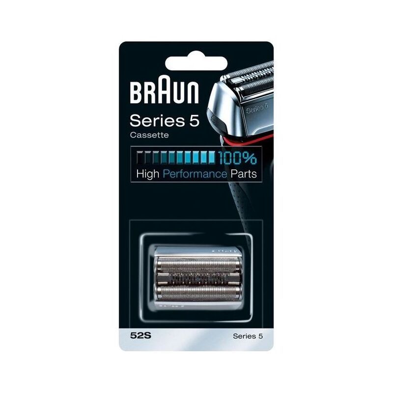Braun Series 5 Ersatzscherkopf in Verpackung. Silberfarbene Scherteile, schwarze Verpackung mit Produktbezeichnung und Logo.