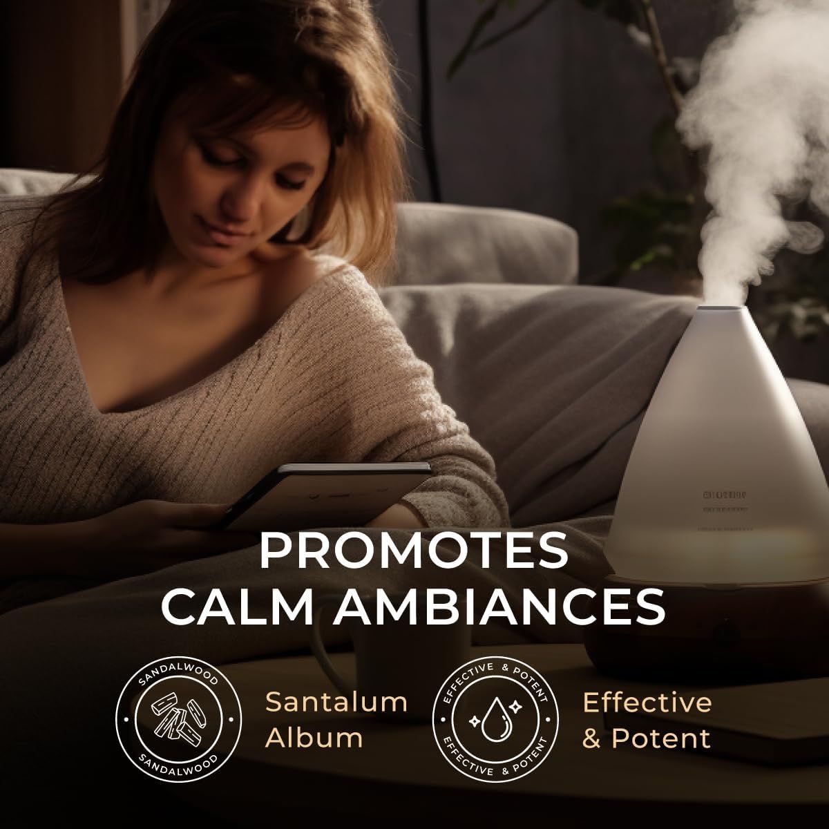 Diffusor mit Dampf, Frau mit Tablet. Text: "Fördert ruhige Atmosphären". Symbole: Sandelholz, Tropfen, "Effektiv & Potent".