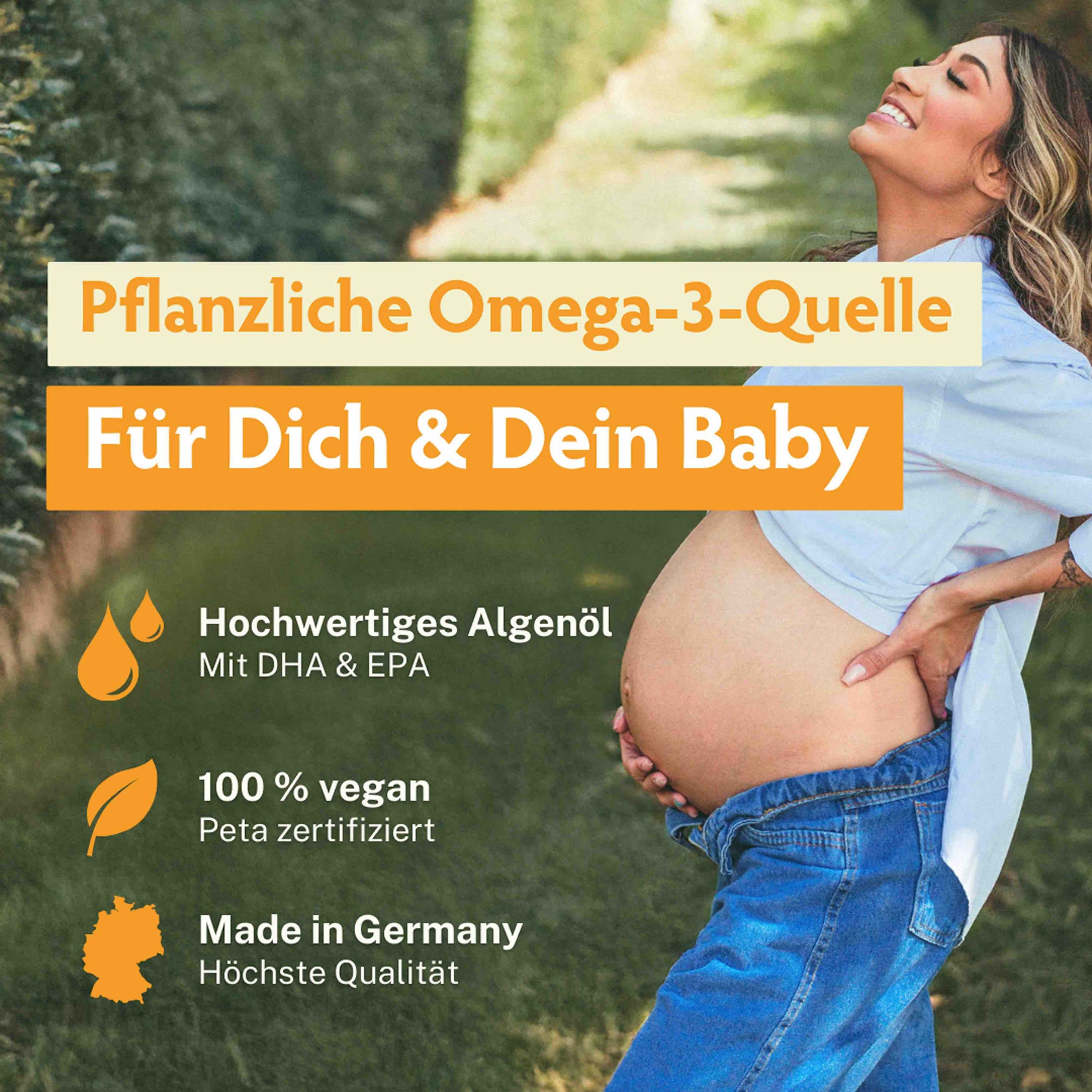 Schwangere Frau im Freien. Text: Pflanzliche Omega-3-Quelle, Für Dich & Dein Baby. Hochwertiges Algenöl, 100% vegan, Peta.