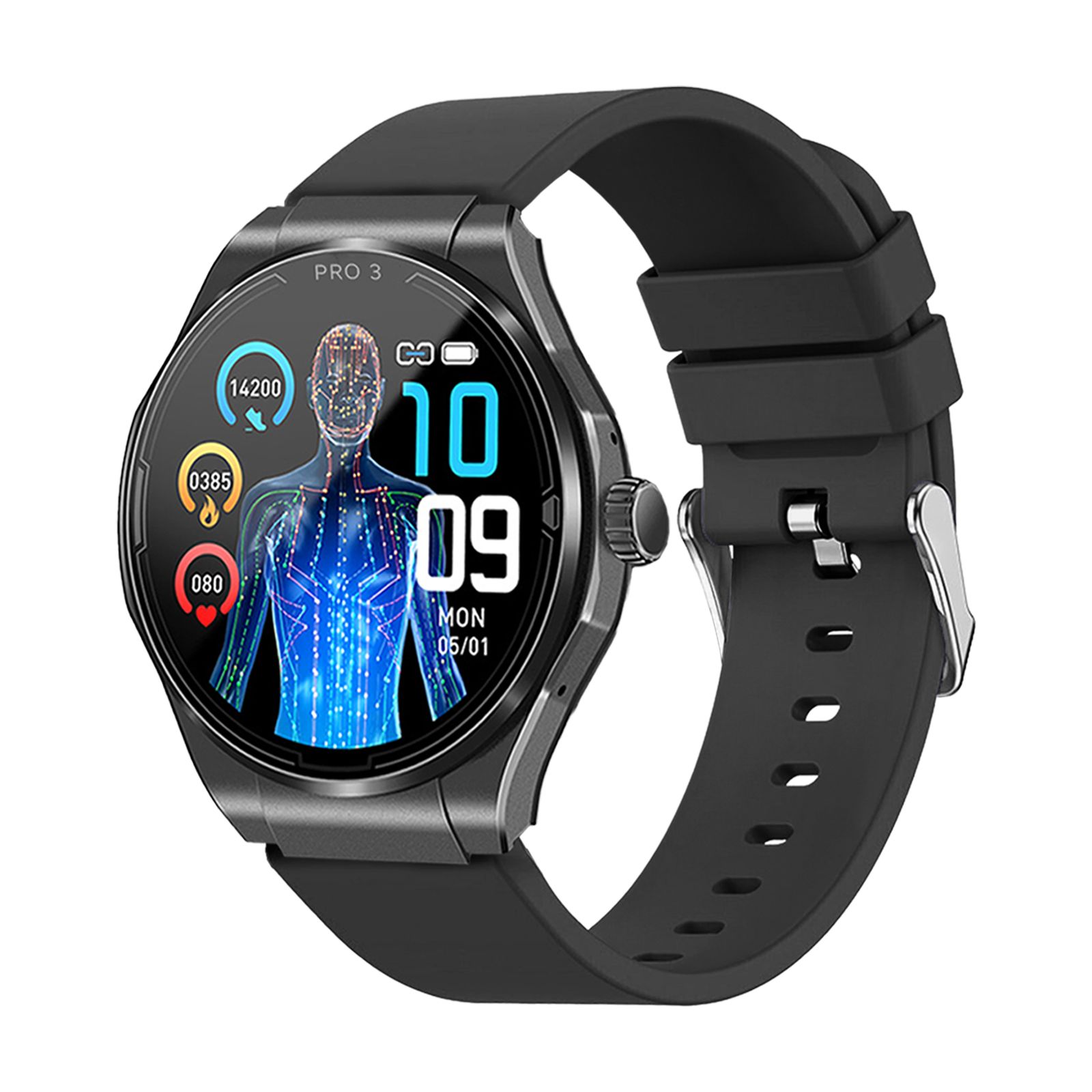 Schwarze Smartwatch mit rundem Display, zeigt Gesundheitsdaten und Uhrzeit an. 'PRO 3' ist sichtbar.