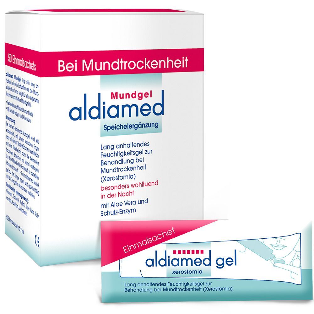 Karton mit aldiamed Mundgel und einem Einmalsachet. Aufschrift: aldiamed Mundgel Speichelergänzung.