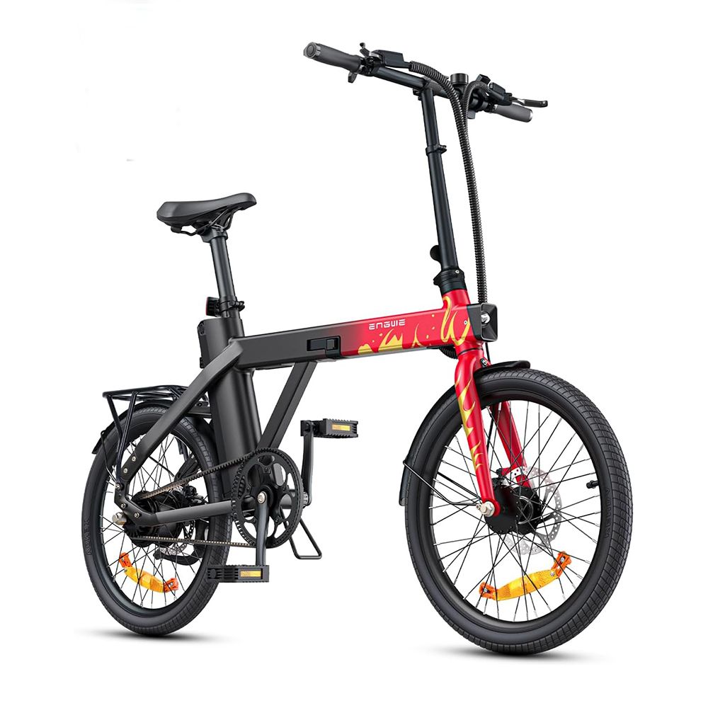 Rotes und schwarzes faltbares Elektrofahrrad. Sichtbar: Rahmen, Räder, Sattel, Gepäckträger. ENGWE P20.