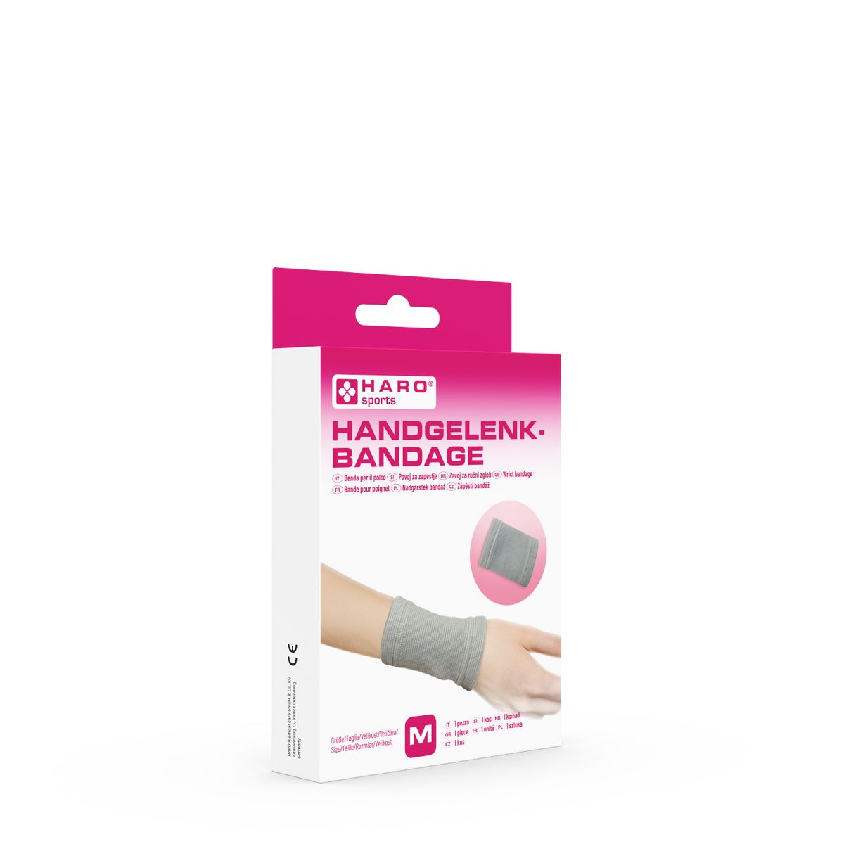 Haro Handgelenkbandage in Verpackung. Grau, mit Größenangabe M. Aufdruck mit Produktname und Logo.
