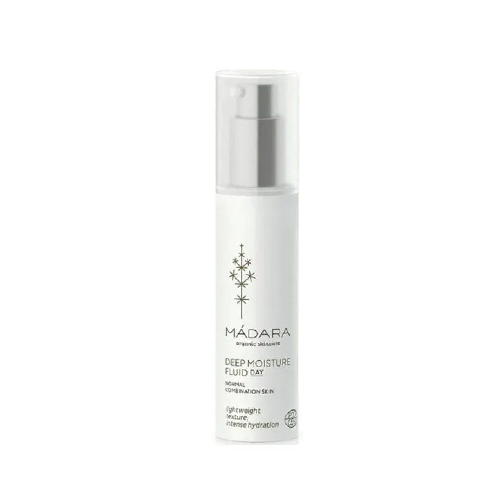 Weiße Flasche mit Pumpverschluss. Aufschrift: MÁDARA, Deep Moisture, Fluid Day. Mit grünen Pflanzenmotiven.