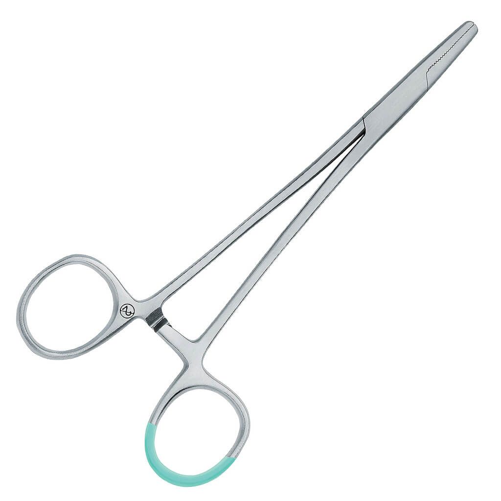 Mayo-Hegar Nadelhalter, 14 cm, aus Edelstahl. Grüne Griffringe. Instrument zur medizinischen Verwendung.