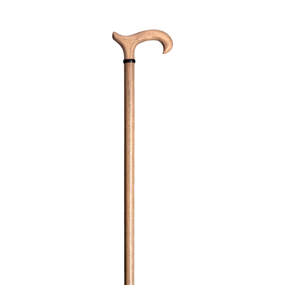 Gehstock aus hellem Holz mit Derbygriff. Schwarzer Ring am Übergang zum Griff. Vertikale Ansicht.