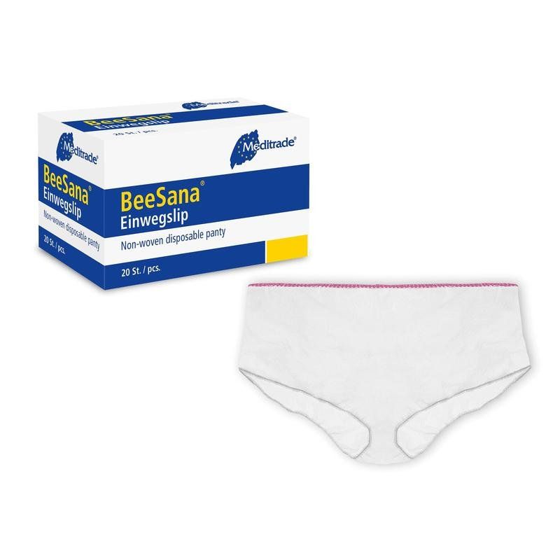 Weiße Einwegslip mit roter Naht. Daneben eine Schachtel mit Produktbezeichnung und Logo.