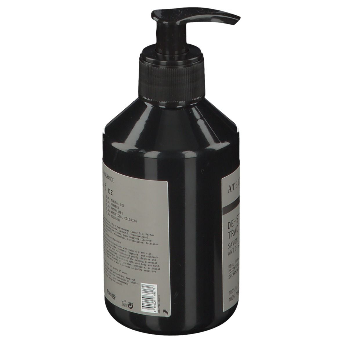 Schwarze Flasche mit Pumpe. Aufschrift: ATELIER REBUL, DE-STRESS TRADITIONAL SOAP. Rückseite mit Inhaltsangaben.