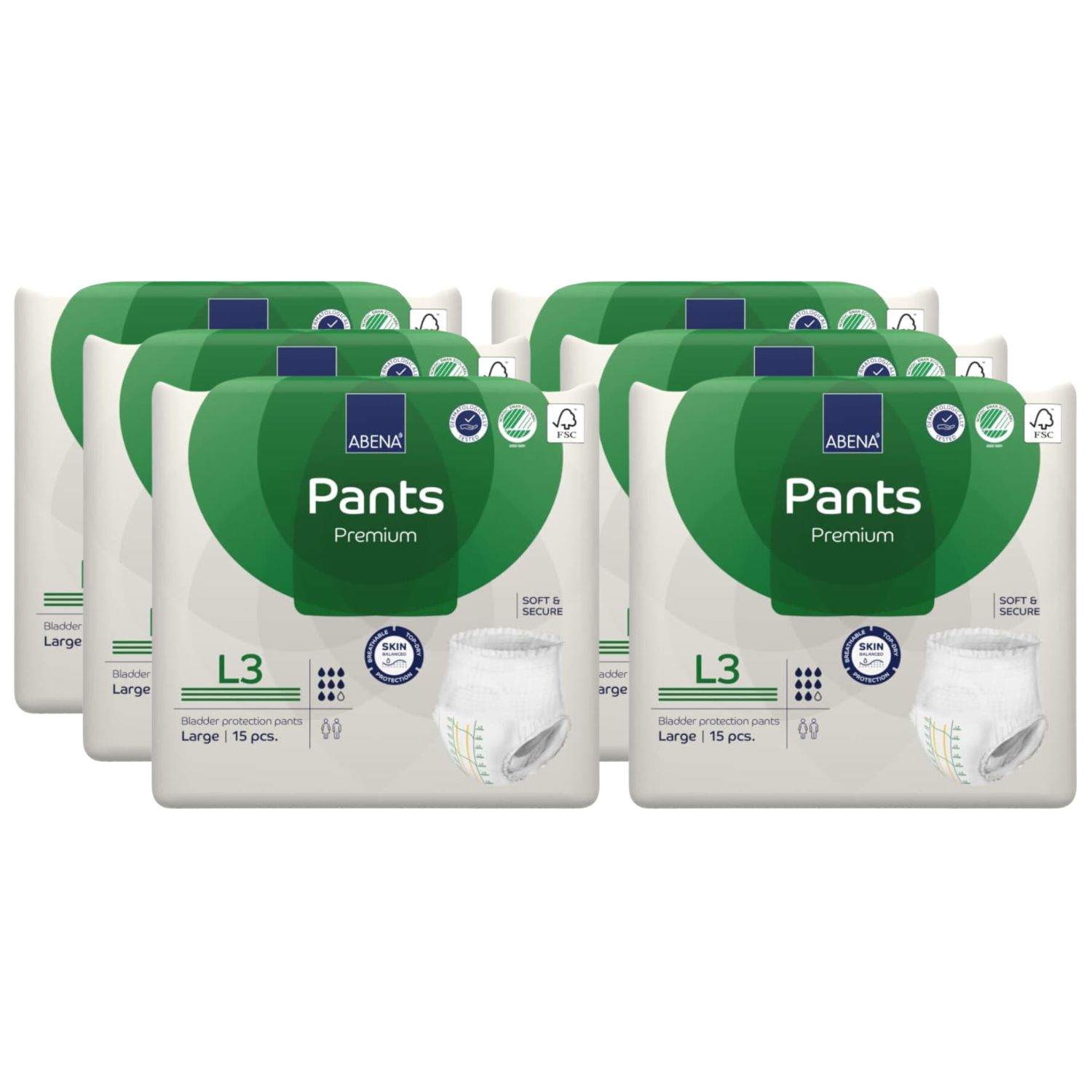 Mehrere Packungen Abena Pants Premium L3. Jede Packung enthält 15 Stück. Aufdrucke: Abena, Pants, L3, Soft & Secure, FSC-Siegel.
