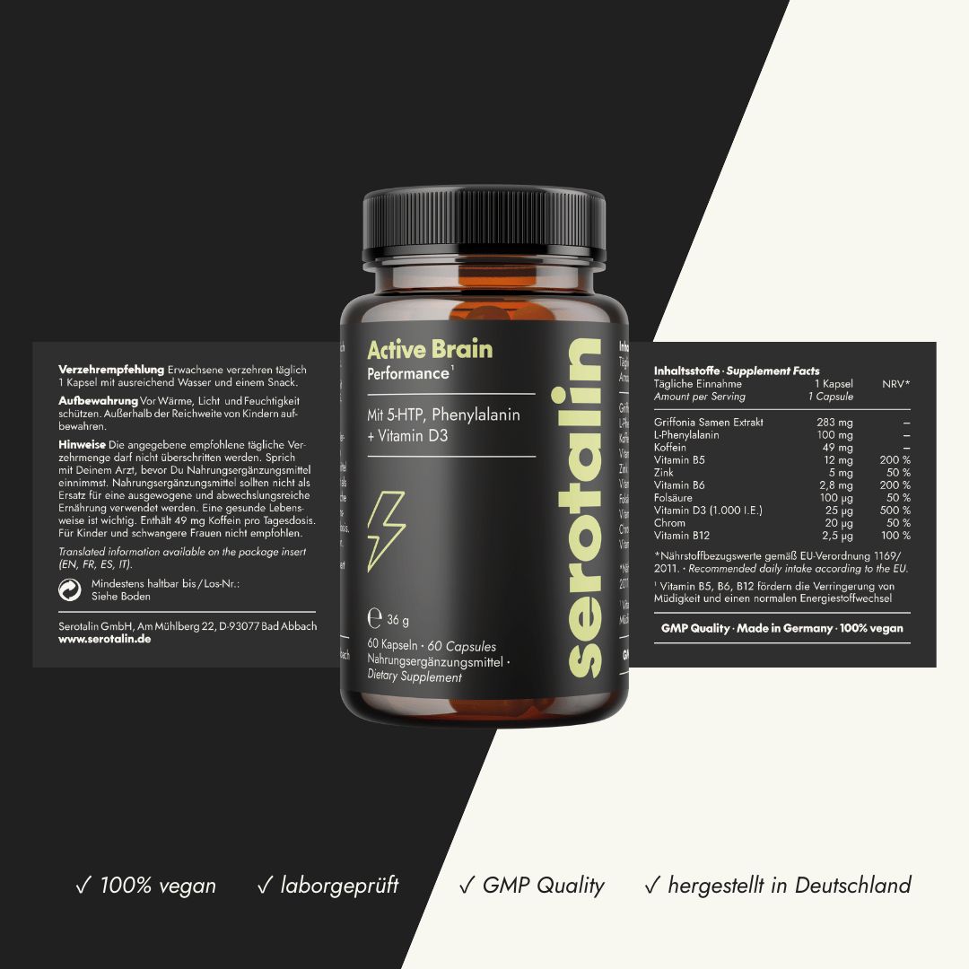 serotalin® HAPPY ENERGY 60 Kapseln - Energie, Wohlbefinden & Fokus I 5-HTP I Phenylalanin I Koffein