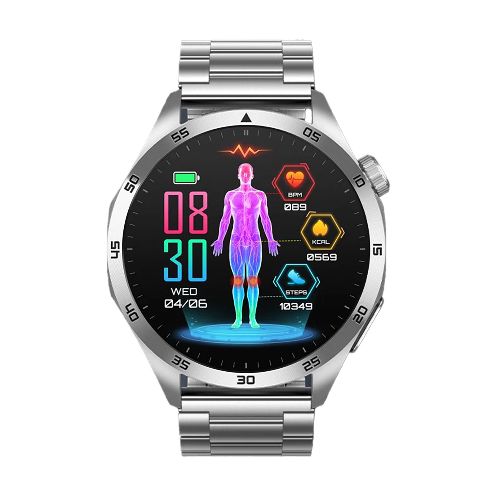 Silberne Smartwatch mit Metallarmband und Gesundheitsdaten-Display (EKG, Schritte, Kalorien).
