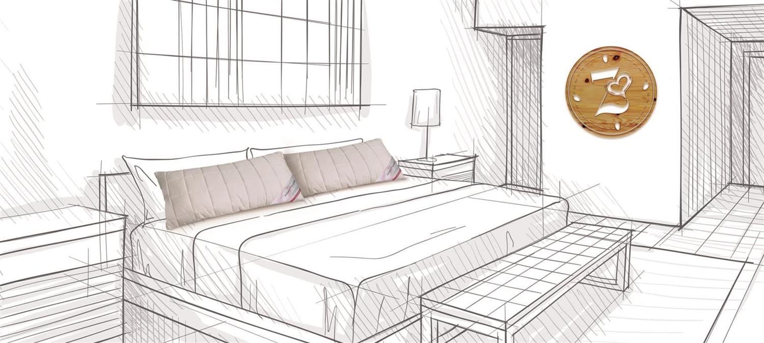 Skizze eines Schlafzimmers. Bett mit zwei Kissen. Wand mit Kunstwerk. Fenster und Nachttisch.