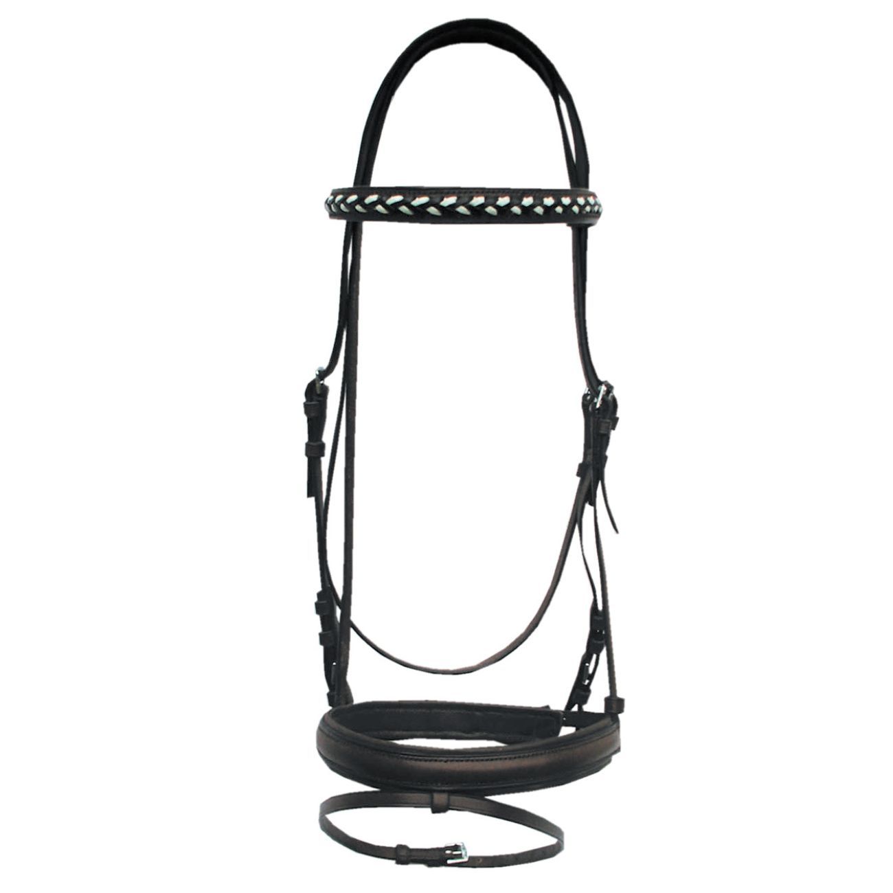 Schwarzer Trensenzaum. Weiß geflochtenes Stirnband, schwarzes Leder, silberne Schnallen.