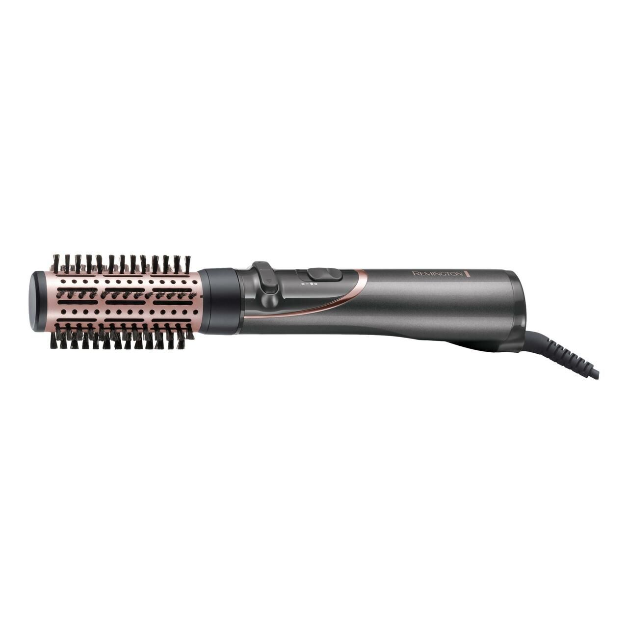 Haarstyler mit Rundbürstenaufsatz. Grau-rosafarbenes Gerät mit Knöpfen und Kabel. Remington-Logo.