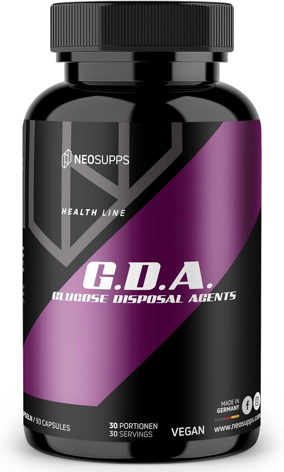 Schwarze Flasche mit lila Etikett. Text: G.D.A. Glucose Disposal Agents. 30 Portionen. Vegan. Von Neosupps.