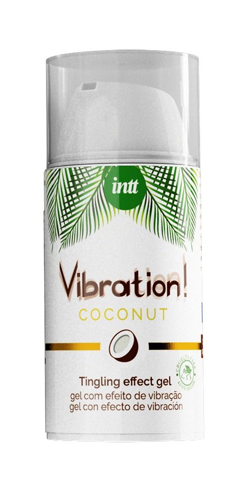 Zylinderförmige Flasche mit Produktnamen und Logo. Text: Vibration! Coconut, Tingling effect gel. Mit Cruelty Free Siegel.