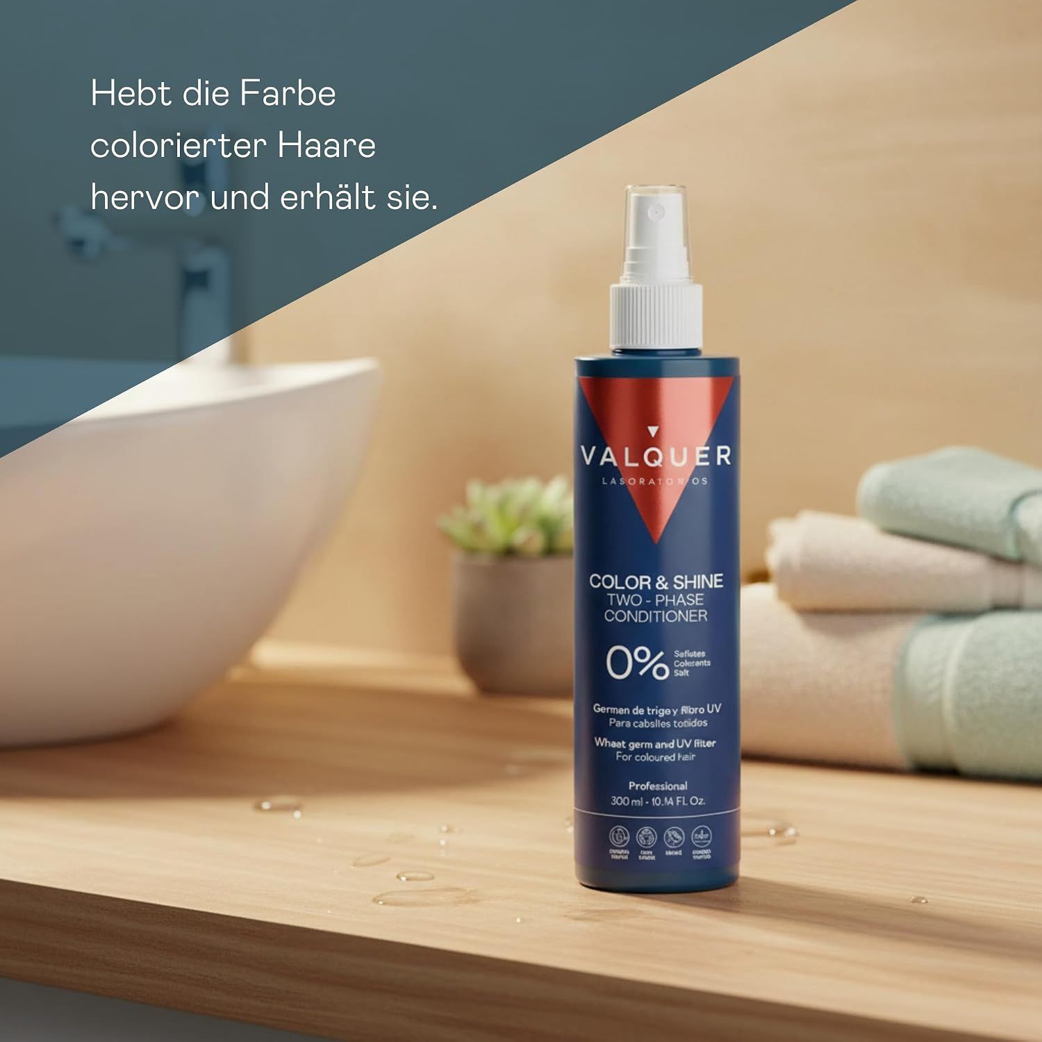 Valquer Color & Shine Zwei-Phasen-Conditioner in dunkler Flasche mit Sprühkopf.