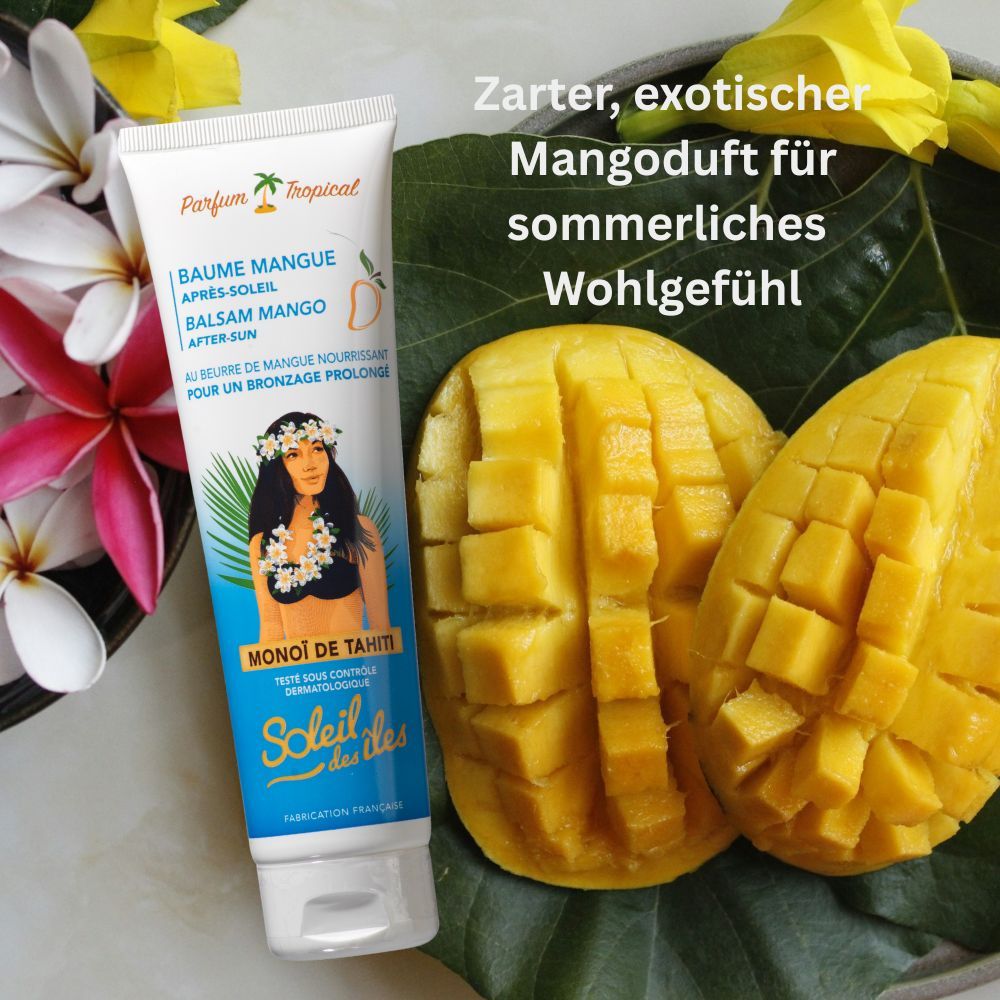 Produkt-Tube neben Mango-Hälften. Text: Après-Soleil Balsam Mango, Soleil des îles. Aufschrift: Parfum Tropical.