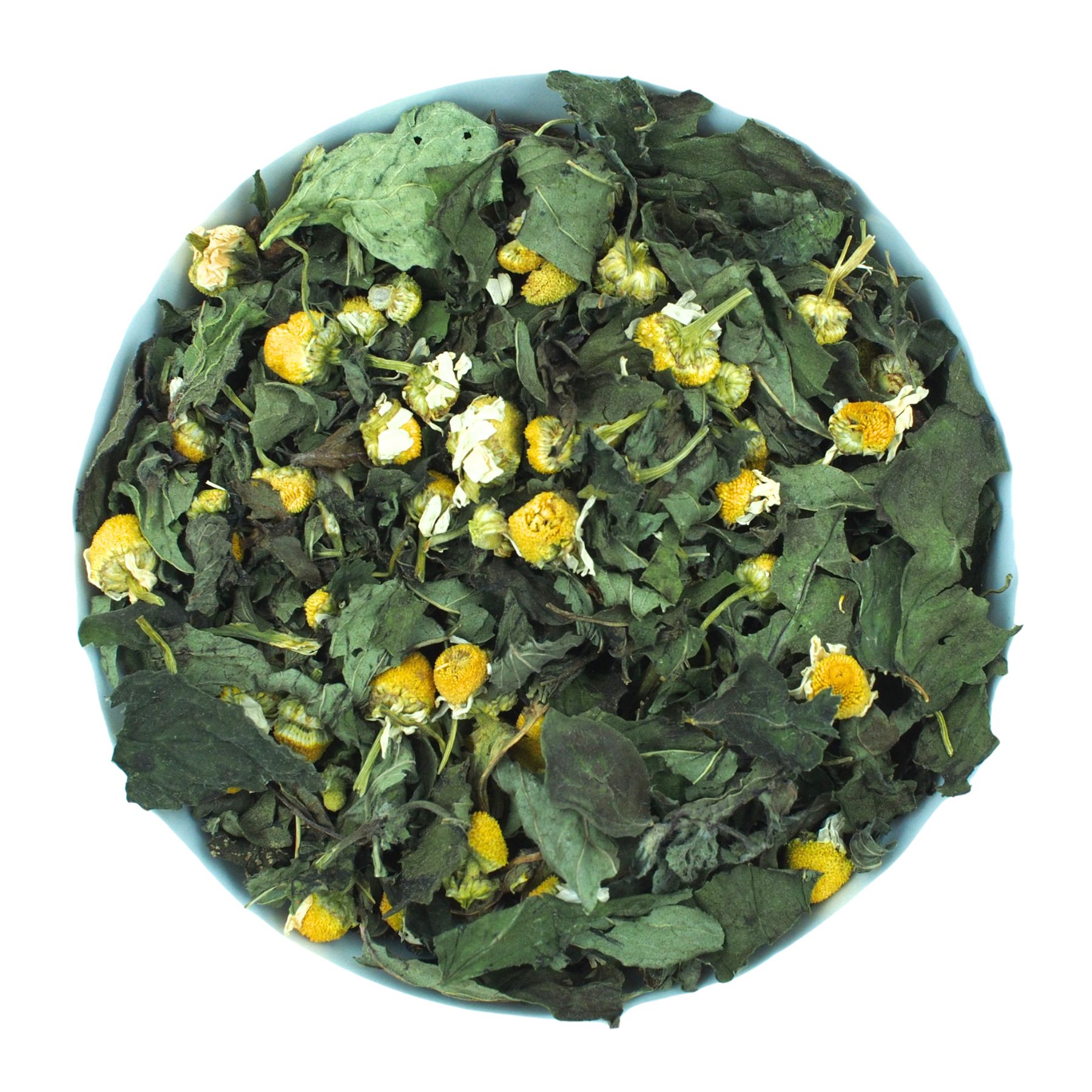 Kräutermischung in blauer Schale. Enthält getrocknete Blätter und Blüten. Draufsicht.