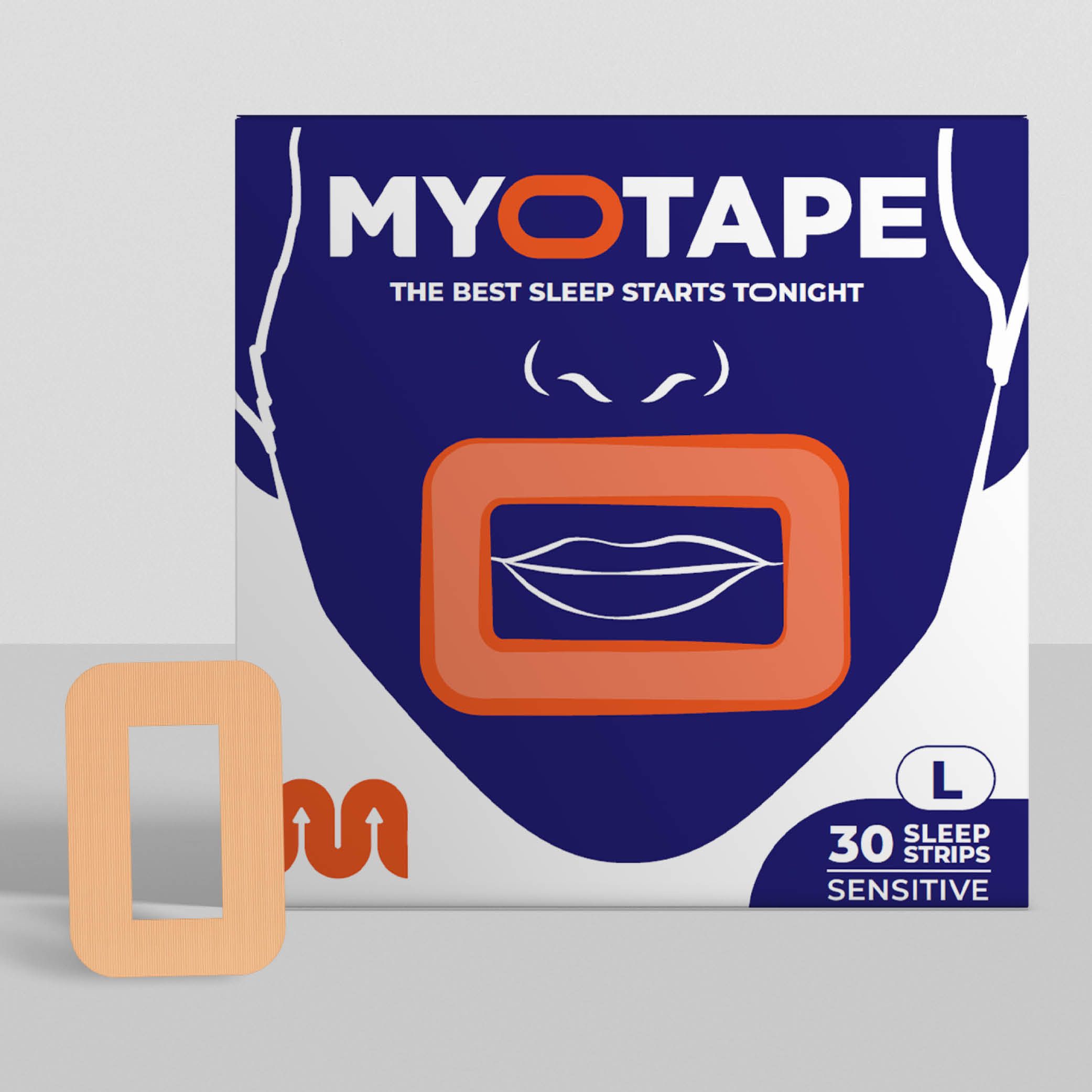 Beige Mundpflaster neben Verpackung. Verpackung mit Logo, Aufschrift: 30 Sleep Strips Sensitive, L.
