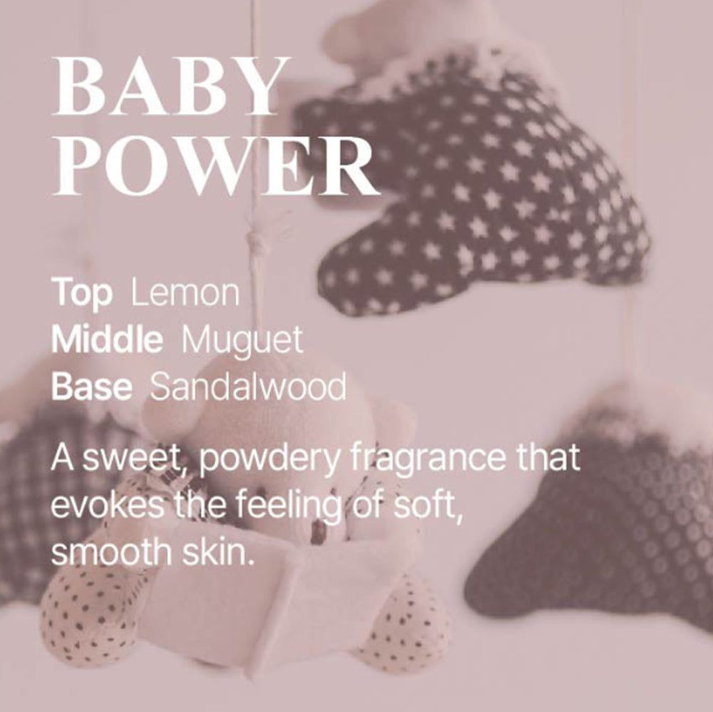 Baby Powder Duftnoten: Kopf Zitrone, Herz Maiglöckchen, Basis Sandelholz.