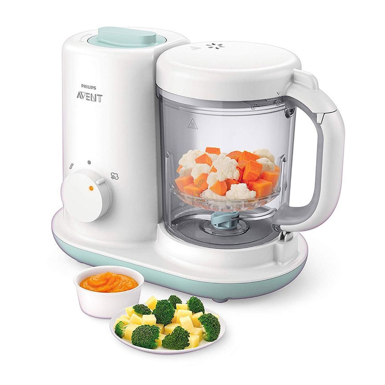 Babynahrungszubereiter mit Gemüse. Weiß-türkis, Philips AVENT-Logo. Gemüse im Mixbehälter, fertige Mahlzeit in Schale.