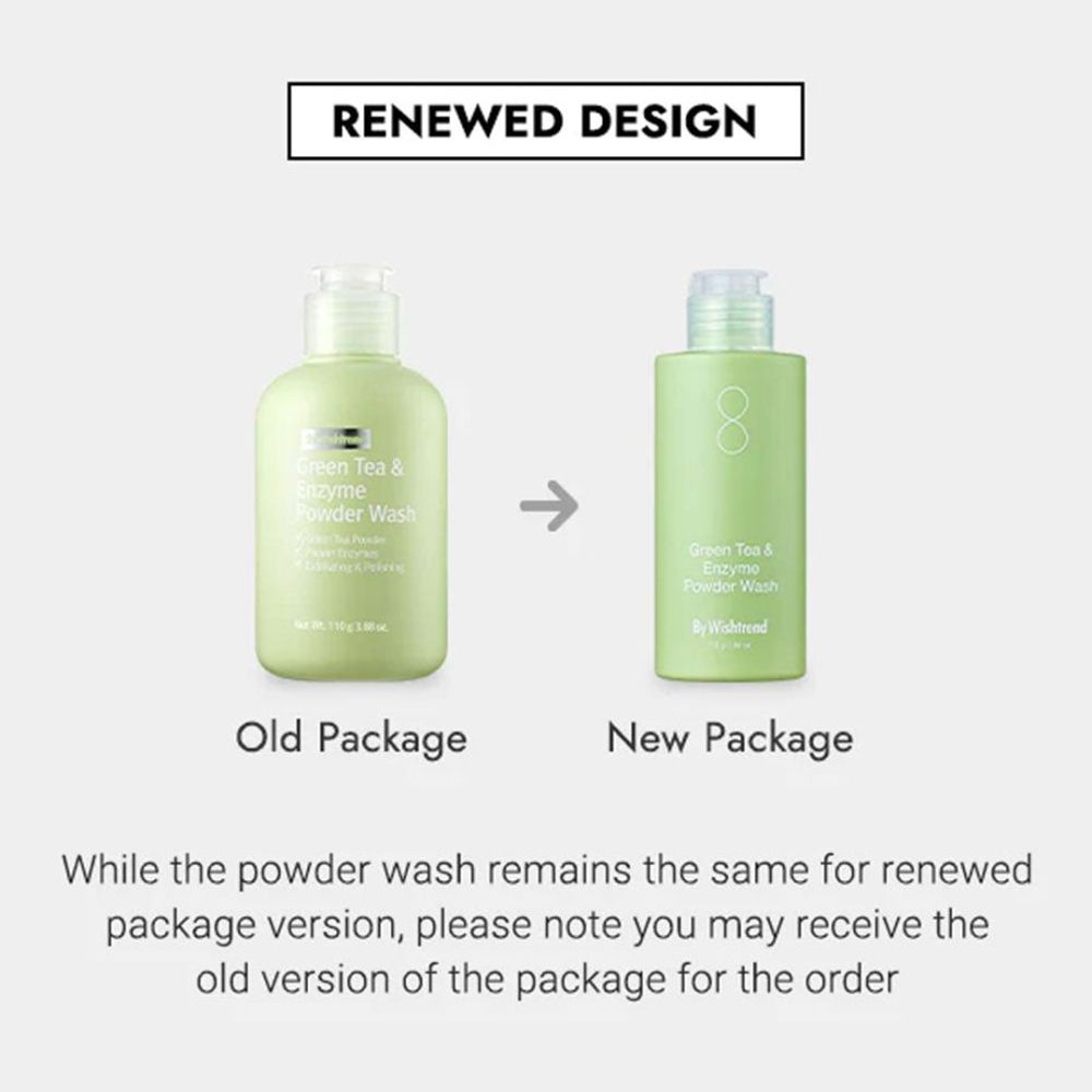 Vergleich: Alte und neue Verpackung. Beide Flaschen grün. Aufschrift: Green Tea & Enzyme Powder Wash. Marke: By Wishtrend.