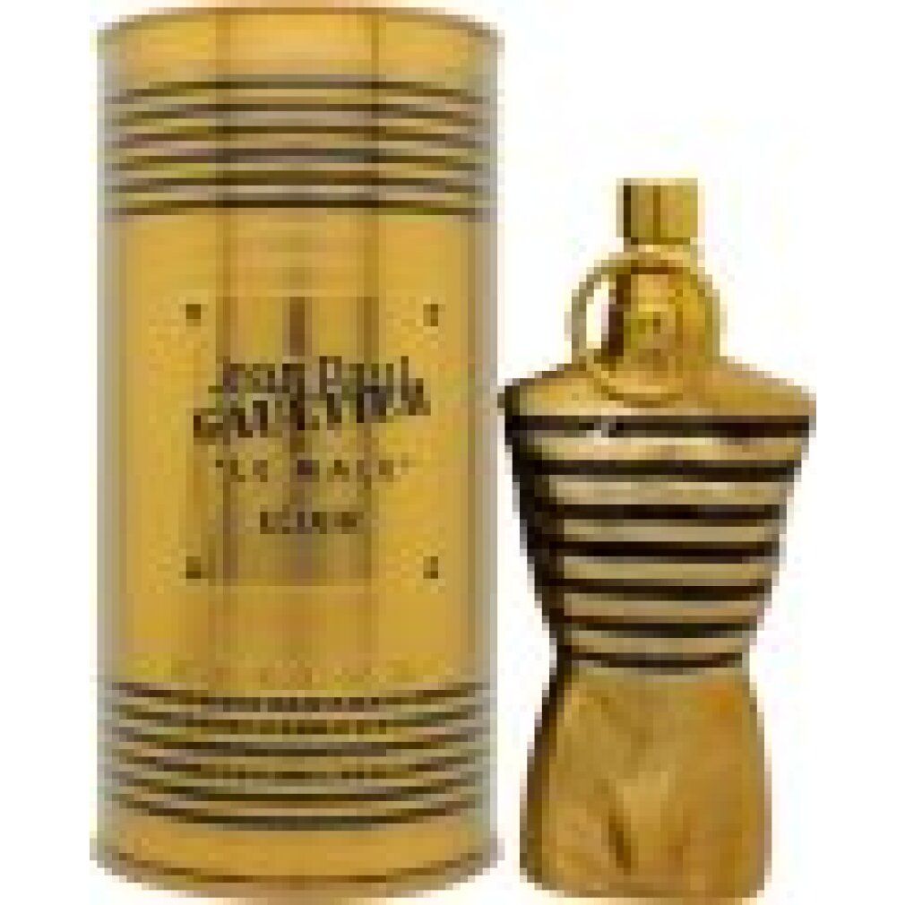 Goldfarbener Flakon in Torsoform neben goldener Dose. Auf der Dose steht "Jean Paul Gaultier LE MALE ELIXIR".