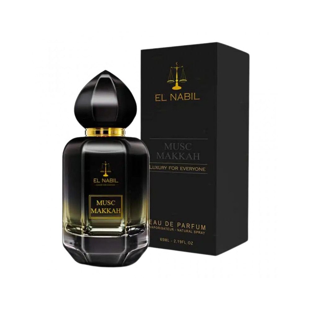 Schwarze Flasche mit goldener Kappe und Etikett. Schwarze Verpackung mit Logo und Text. "El Nabil Musc Makkah Eau de Parfum".