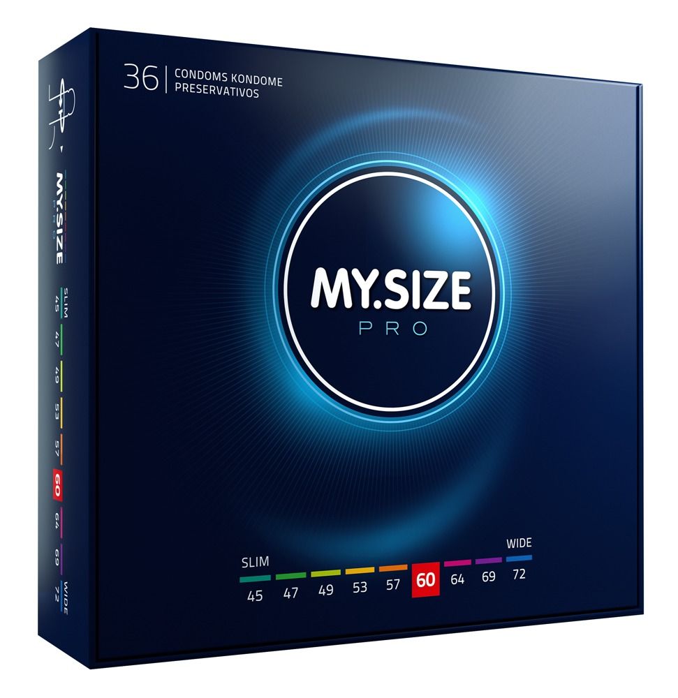 Schwarze Schachtel MY.SIZE PRO. Größenangaben: 45-72 mm. 36 Kondome.