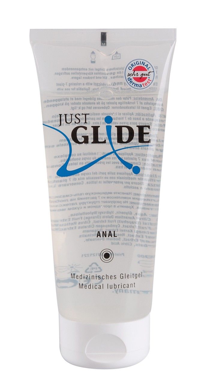 Transparentes Gel in einer Tube. Aufschrift: JUST GLIDE ANAL. Medizinische Gleitgel. Mit dermatest-Siegel.