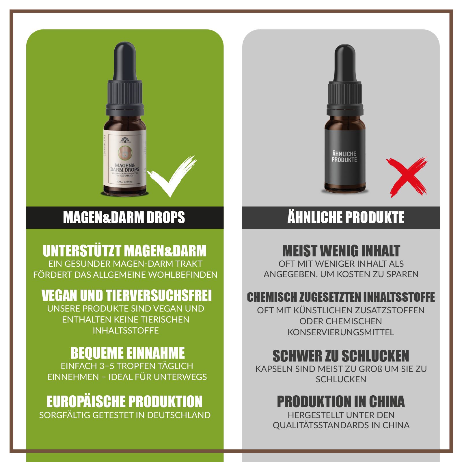 Vergleich: Magen&Darm Drops (richtig) vs. ähnliche Produkte (falsch). Text: Unterstützt Magen&Darm, vegan, europäische Produktion.