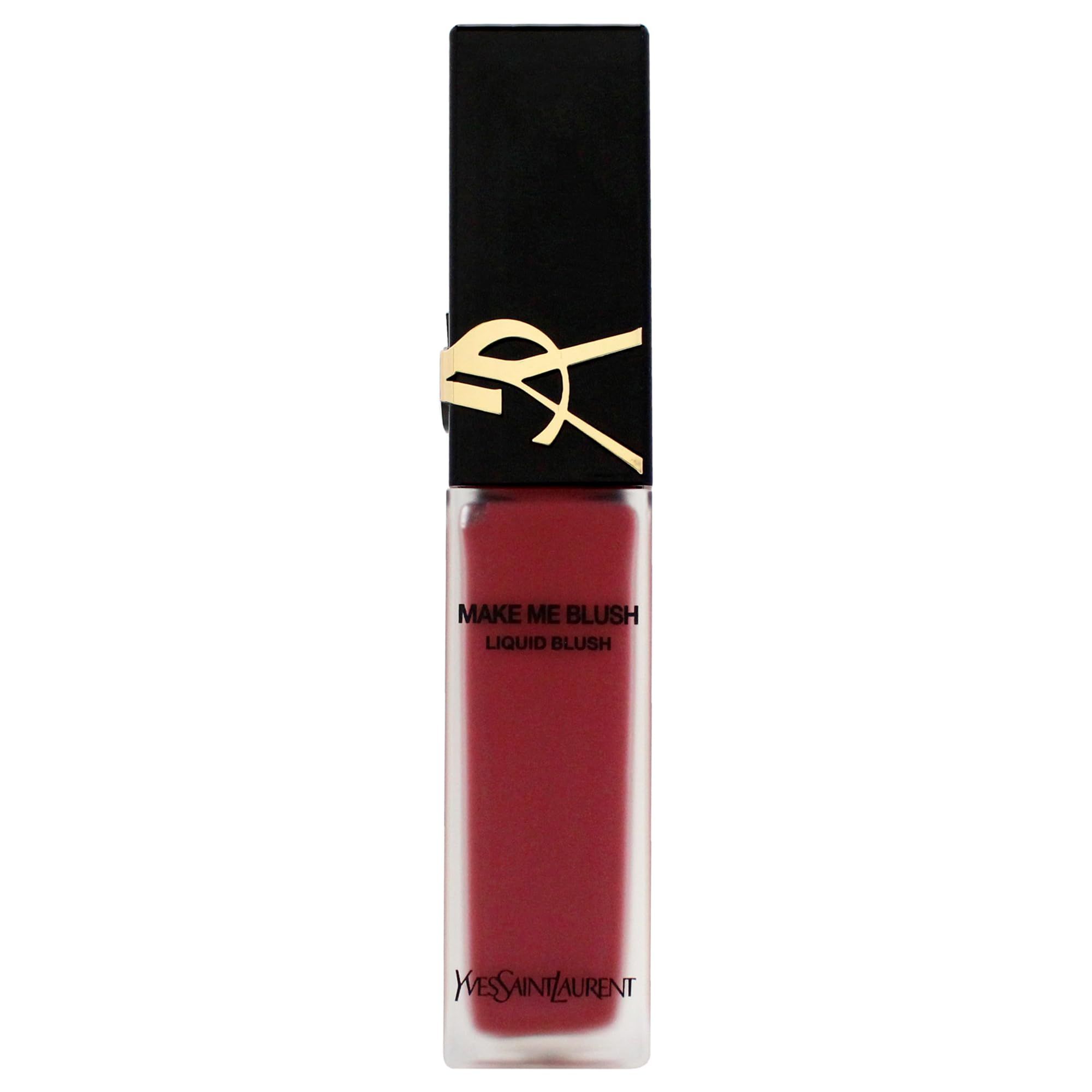 Flüssiges Rouge in einer rechteckigen Glasflasche mit schwarzem Deckel. Goldfarbenes Logo und Schriftzug. Rote Flüssigkeit sichtbar.