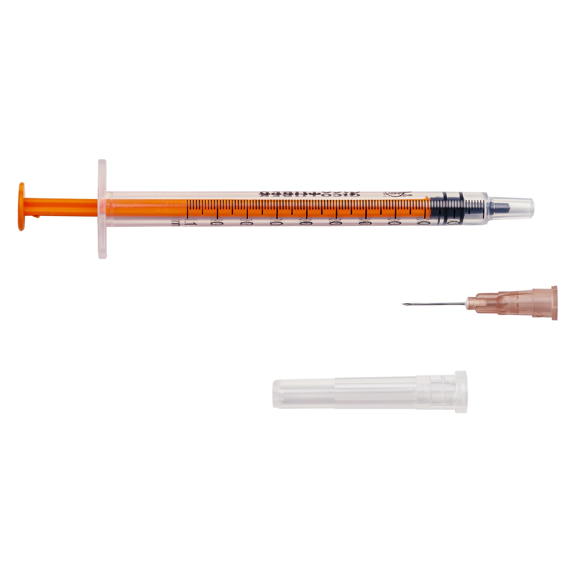 Einzelne Einwegspritze mit orangefarbenem Kolben. Separater Nadelaufsatz und Nadelschutzkappe.
