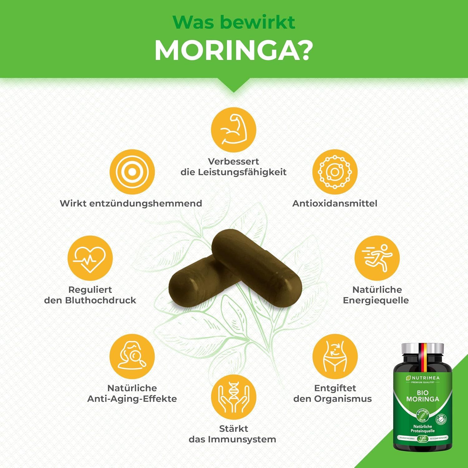 Zwei braune Kapseln. Daneben eine grüne Flasche mit "BIO MORINGA"-Aufschrift. Diagramm mit Gesundheitsvorteilen.